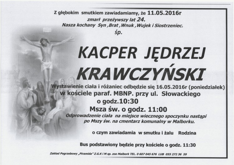 Zmarł Kacper Jędrzej Krawczyński. Żył 24 lata.